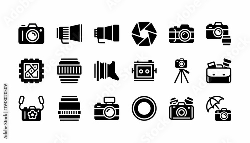 Photography Icons Set: Cameras, Lenses, Tripod, Bag, Aperture