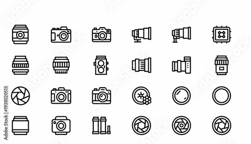 Photography Icons: Camera, Lens, Aperture, Flash, Chip