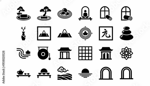 Zen Japanese Icons - Bonsai, Mountains, Tea Ceremony, Pagoda