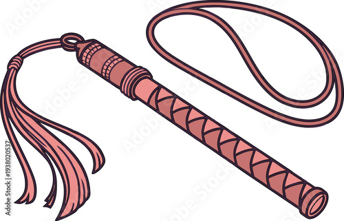 Leather Whip Tool With Handle. Traditional Whip Farming Equipment. Long Whip With Curved Handle. Classic Whip Tool Isolated Object. Ranch Whip Tool For Livestock. Flexible Whip With Handle Design