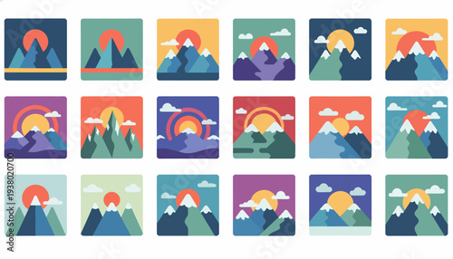 Flat Design Mountain Landscape Icons Set