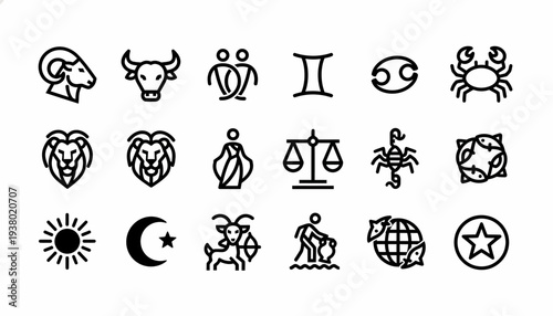 Zodiac Signs Icons: Astrology, Horoscope, Celestial Symbols