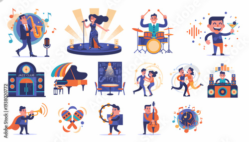 Musical Band and Party Icons: Saxophonist, Singer, Drummer, DJ