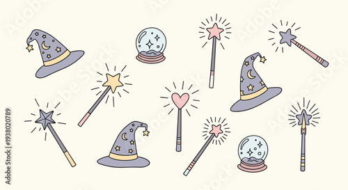 Whimsical collection of magical wizard hats crystal balls and sparkling wands on a light background