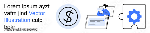 Financial planning, online services, problem solving, strategic management, collaboration tools, and decision making. A dollar sign, a person reviewing documents and a gear puzzle piece. Financial