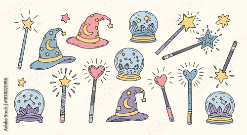 Magical collection of enchanted wizard hats crystal balls and sparkling magic wands with stars and moons on a light background