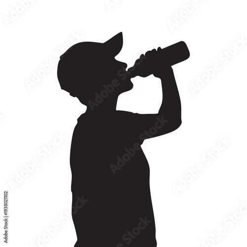 Silhouette of a young boy wearing a cap drinking water from a bottle, editable, isolated on white background.
