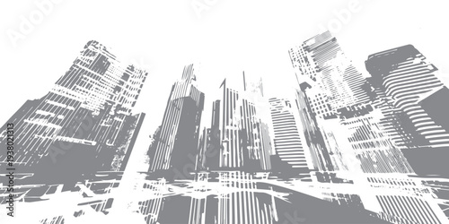 Stylized grey skyscrapers against a white sky city