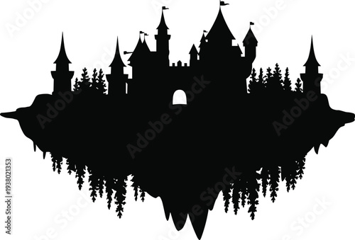Fantasy castle silhouette, floating island, mirrored reflection, forest trees, magical towers, flags flying, imaginative landscape, mystical architecture, enchanted kingdom art