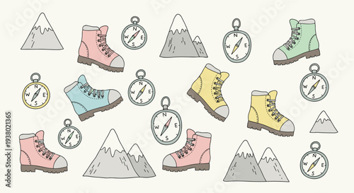 Whimsical Hand Drawn Hiking Boots Mountains and Compasses Seamless Pattern for Outdoor Adventure and Travel Designs