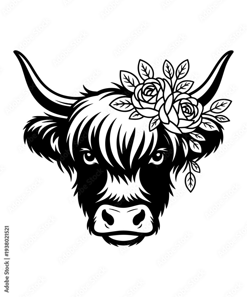Fototapeta premium Highland Cow with Floral Crown in Bold Line Art Illustration