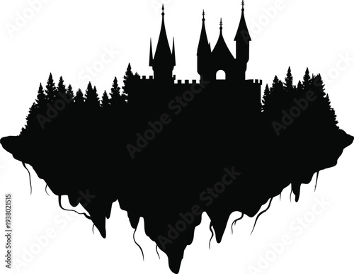 Fantasy floating island silhouette, castle spires, turrets, pine forest, jagged edges, magical landscape, imaginative design, mystical architecture, enchanted kingdom art