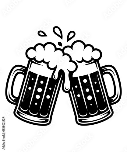 Clinking Beer Mugs with Foam and Splash in Bold Line Art