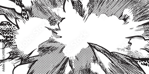 Black and white comic book explosion with empty speech bubbles