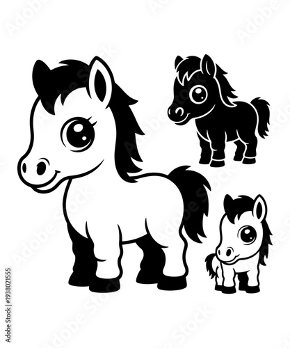 Cartoon Ponies in Various Sizes with Playful Line Art Design