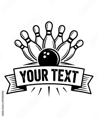 Bowling Ball and Pins with Customizable Text in Bold Line Art Design