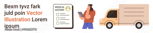 Healthcare, medical logistics, patient data, delivery services, documentation, transportation. A clipboard with medical history, professional using tablet delivery truck icon. Healthcare