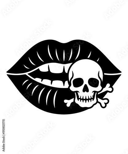 Skull and Crossbones with Lips in Bold Monochrome Line Art Design