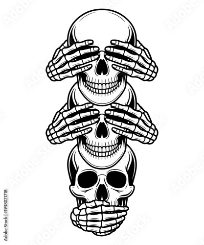Skeletons Covering Their Eyes, Ears, and Mouth in Bold Line Art Design