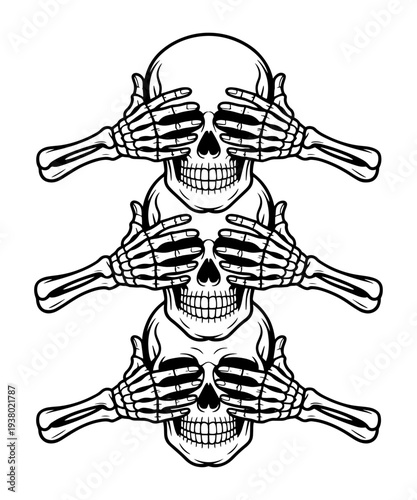 Skeletons Covering Their Eyes in Bold Line Art Symbolizing "See No Evil"