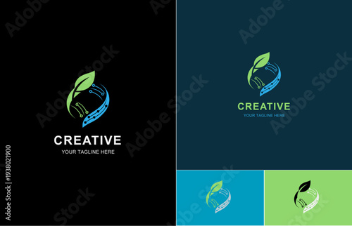 Eco Tech Logo with Green Leaf and Blue Digital Circuit for Sustainable Innovation