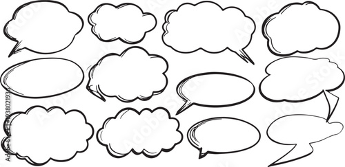 Collection of hand drawn black and white speech bubbles