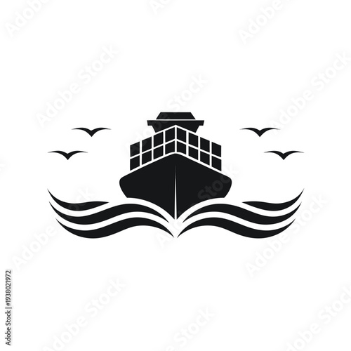 Black and white of a cargo ship with birds and waves container ship