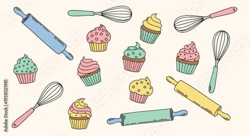 Whimsical Baking Supplies and Sweet Cupcakes Scattered Across a Creamy Background
