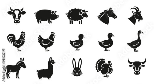 Collection of Farm Animal Silhouettes Vector Icons.