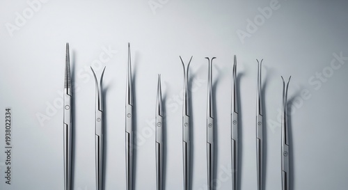 Collection of Surgical Instruments Lined Up for Medical Procedures.