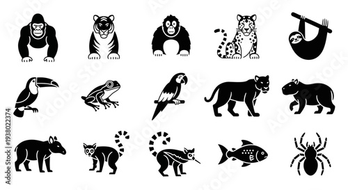 Collection of Diverse Jungle and Forest Animals in Silhouette Style.