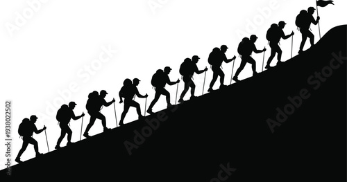 Hiking teamwork silhouette, group of hikers, mountain climbing, perseverance, achievement, outdoor adventure, summit flag, unity, motivation, wilderness journey art
