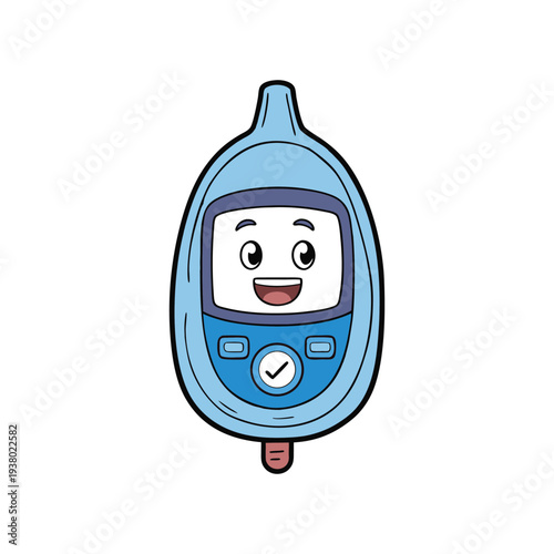 Cheerful cartoon glucose meter character promoting diabetes awareness