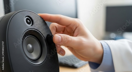 Close-up of a hand adjusting the volume knob on a computer speaker.
