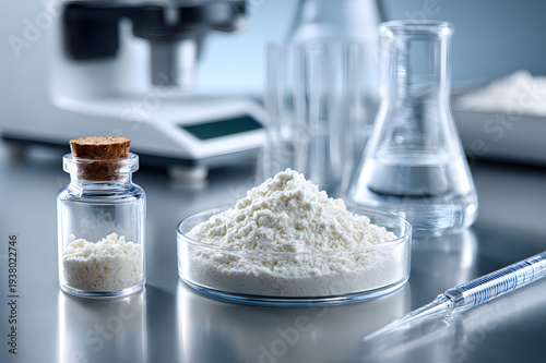 White powder in petri dish and beaker in laboratory setting with microscope and digital scale beside