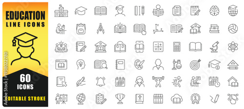 Education Line Icon Set Featuring Editable Stroke Vector Symbols. Includes School, Learning, Study, Books, Graduation, Science, And Academic Elements. Ideal For Education Apps, Websites, Courses