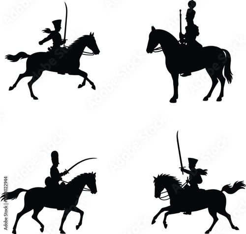 Historical cavalry soldiers silhouette, mounted horsemen, military uniforms, swords raised, galloping horses, war figures, heritage warriors, battlefield art, vintage military scene