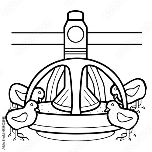 chicks at the feeding station concept, automated poultry feeding system vector icon design, birds around the garden feeder stock illustration