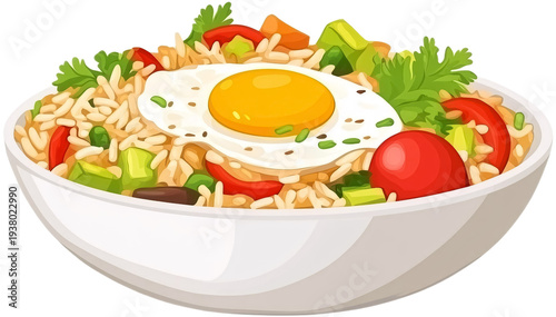 Fried Rice with Egg and Vegetables Isolated on White Background - Classic Asian Comfort Food