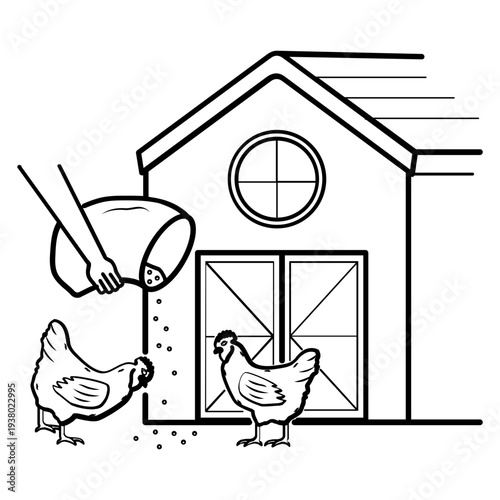 feeding chickens at the farm concept, feeding hens near the barn vector icon design, Farmer Scattering Feed stock illustration