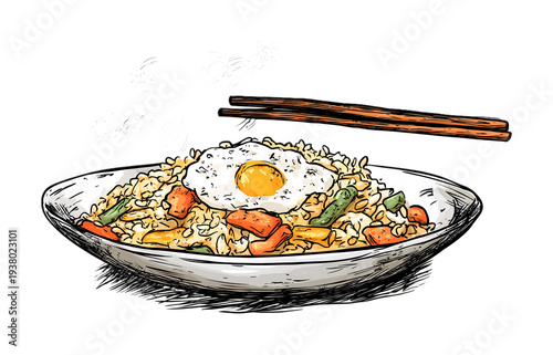 Fried Rice with Vegetables - Tasty and Colorful Stir-fried Rice - Isolated on White Background