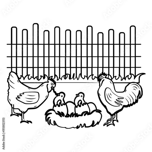 farmyard chicken parenting Scene concept, hen caring for chicks vector icon design