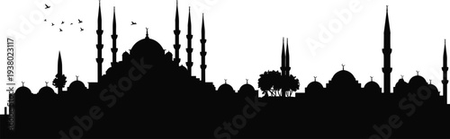 Islamic cityscape silhouette, mosque domes, minarets with crescent moons, cultural skyline, birds flying, heritage architecture, religious landmark, urban skyline art