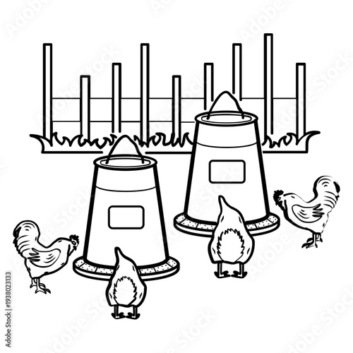 farm chickens at feeders concept, poultry feeding station vector icon design, Rural Chicken Coop Scene stock illustration