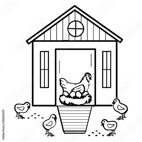 hen nesting in chicken house concept, farm chicken house with eggs vector icon design, hen protecting eggs in coop scene stock illustration