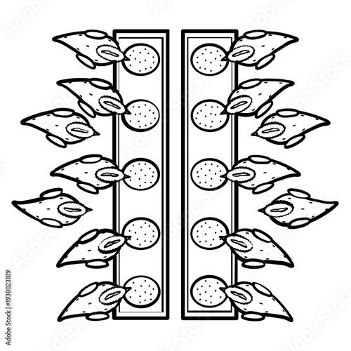 poultry feeding trough top view concept, chickens eating from feed line vector icon design, farm chicken feed distribution stock illustration