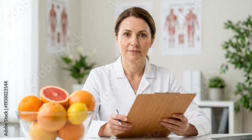 Female nutritionist with clipboard and citrus fruits promoting vitamin C rich diet immunity healthcare wellness and healthy nutrition concept