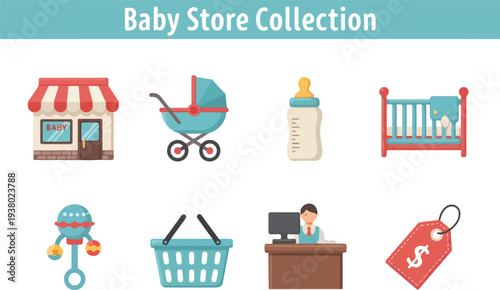 A baby store collection illustration featuring a store stroller bottle crib rattle basket cashier and price tag
