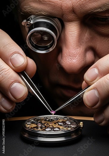 Precision micro engineering, macro close up of a master watchmaker repairing a luxury mechanical watch movement with tweezers.