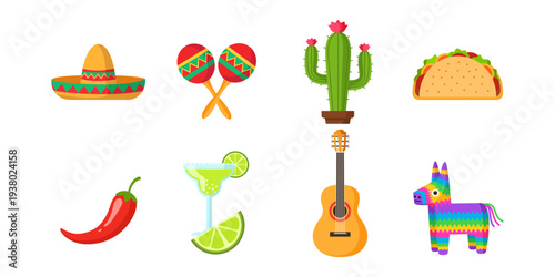 Cinco De Mayo Mexican Celebration Elements Collection Featuring Sombrero Maracas and Taco
